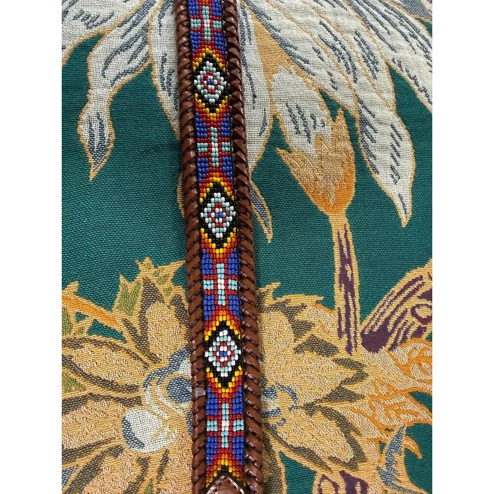 Vintage 90s Aztec southwestern beaded leather belt intricate silver buckle 30